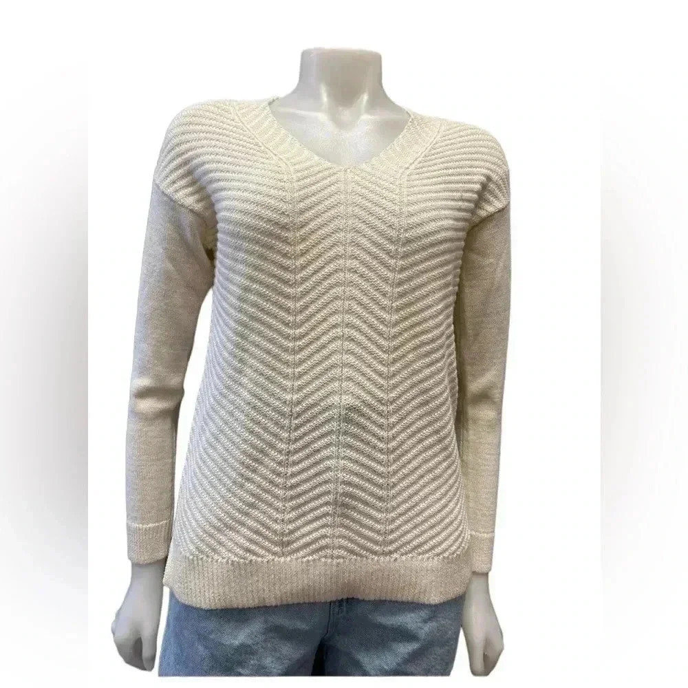 Chaps White Cream Gold Glitter V Neck Knit Sweater Size XS